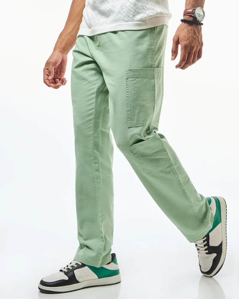 بيواكوف Men's Green Cargo Linen Pants